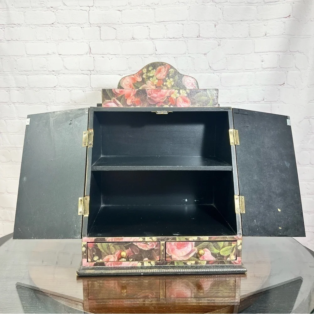 VINTAGE wooden Jewelry cabinet. Victorian look decoupaged. With a catch all